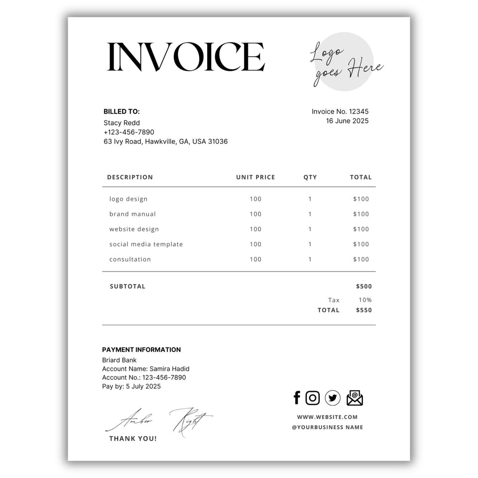 Editable Invoice Template for Small Business | Printable Billing & Receipt Form | Professional Invoice Template Download | Invoice | Canva