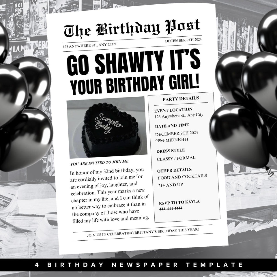Birthday Newspaper Invitation, Editable Newspaper Birthday Invitation, Birthday Newspaper, Large Newspaper Canva Template, Newspaper
