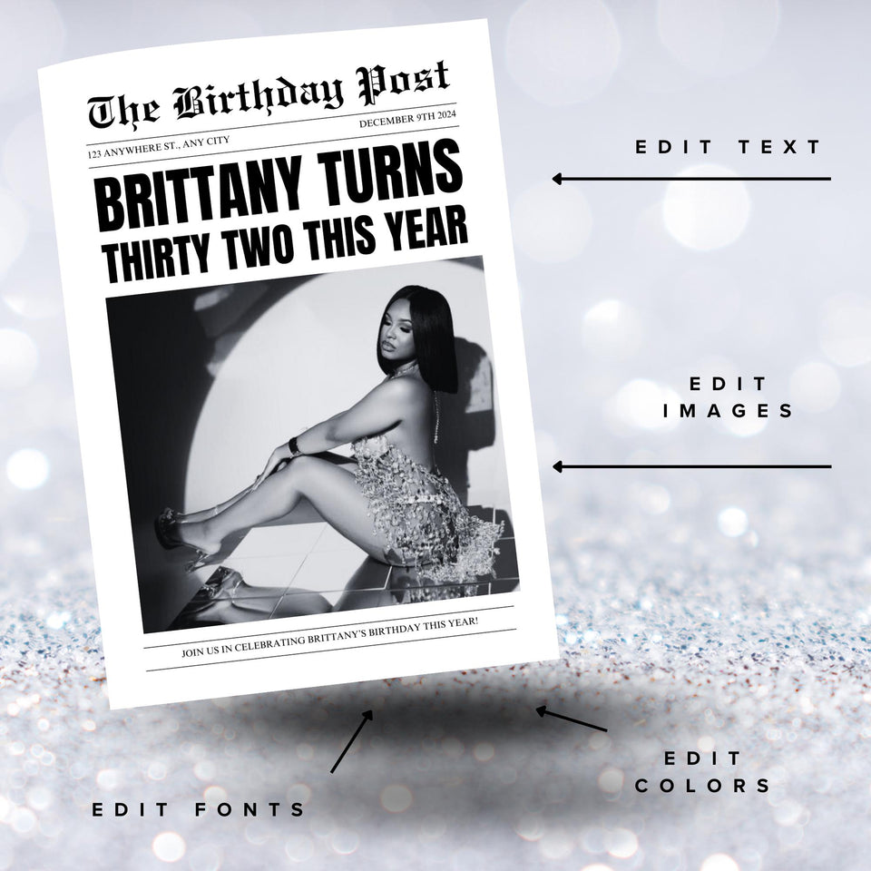 Birthday Newspaper Invitation, Editable Newspaper Birthday Invitation, Birthday Newspaper, Large Newspaper Canva Template, Newspaper