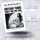 Birthday Newspaper Invitation, Editable Newspaper Birthday Invitation, Birthday Newspaper, Large Newspaper Canva Template, Newspaper