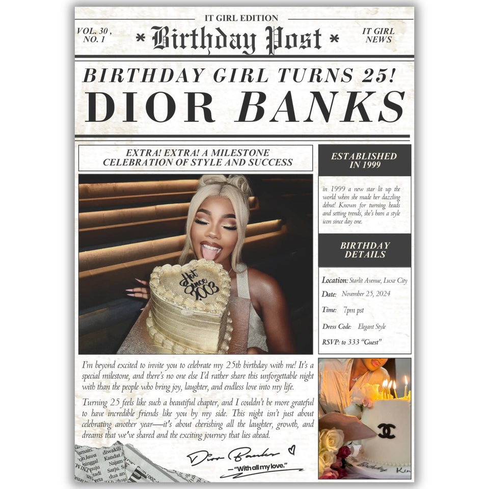 Birthday Newspaper Invitation | Social Media Birthday Post | Instagram Post | Party Invite | 25th Birthday| Birthday Invite | Newspaper