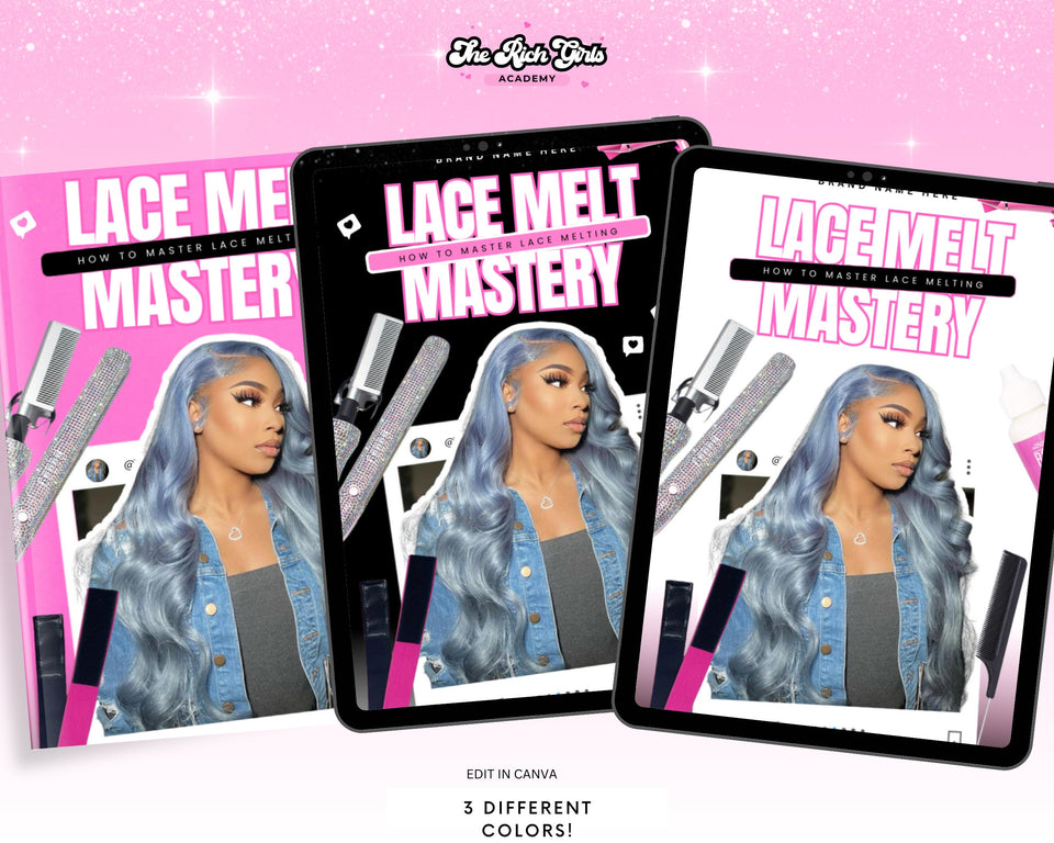 lace melt ebook, lace wig guide, done for you, plr, resale ebook, step by step guide , lace melt guide, hair guide, lace wig application,