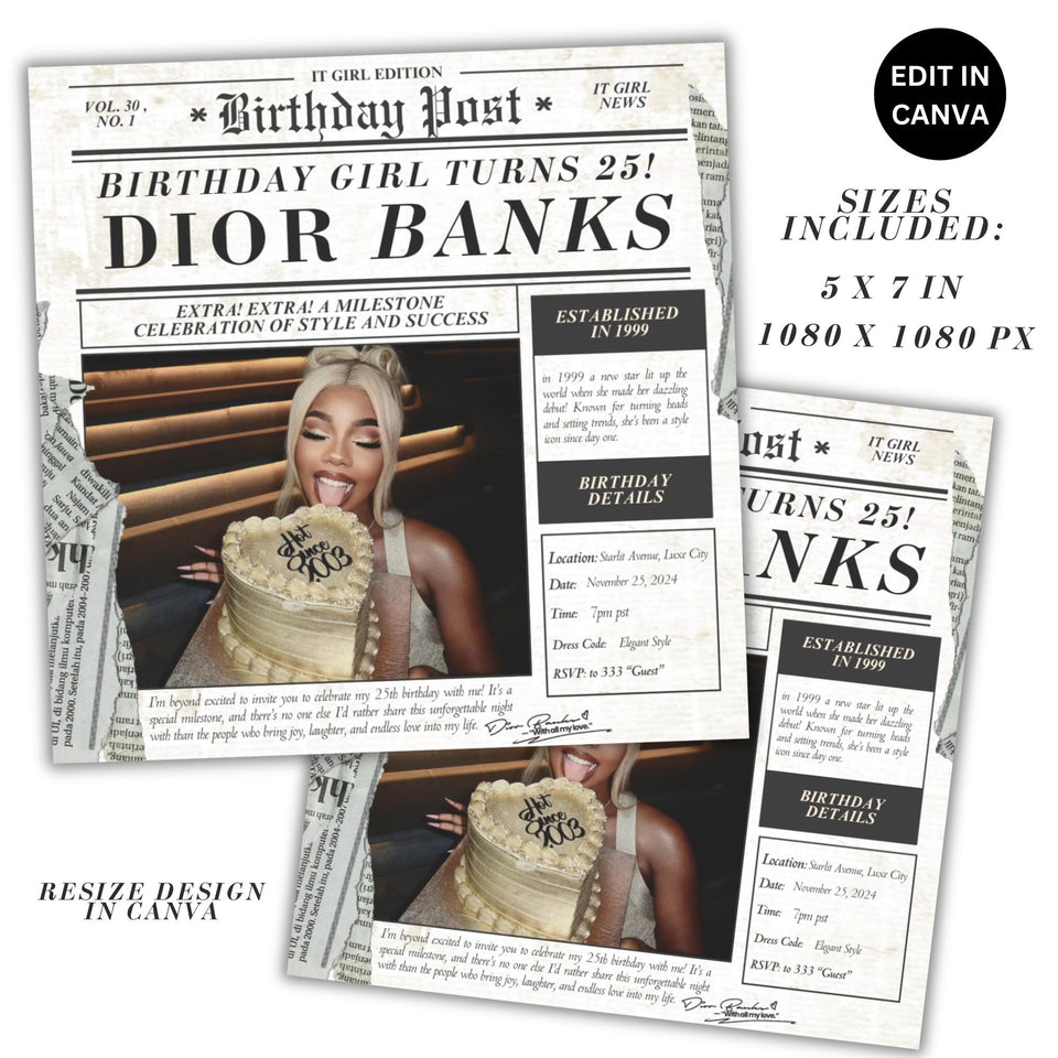 Birthday Newspaper Invitation | Social Media Birthday Post | Instagram Post | Party Invite | 25th Birthday| Birthday Invite | Newspaper