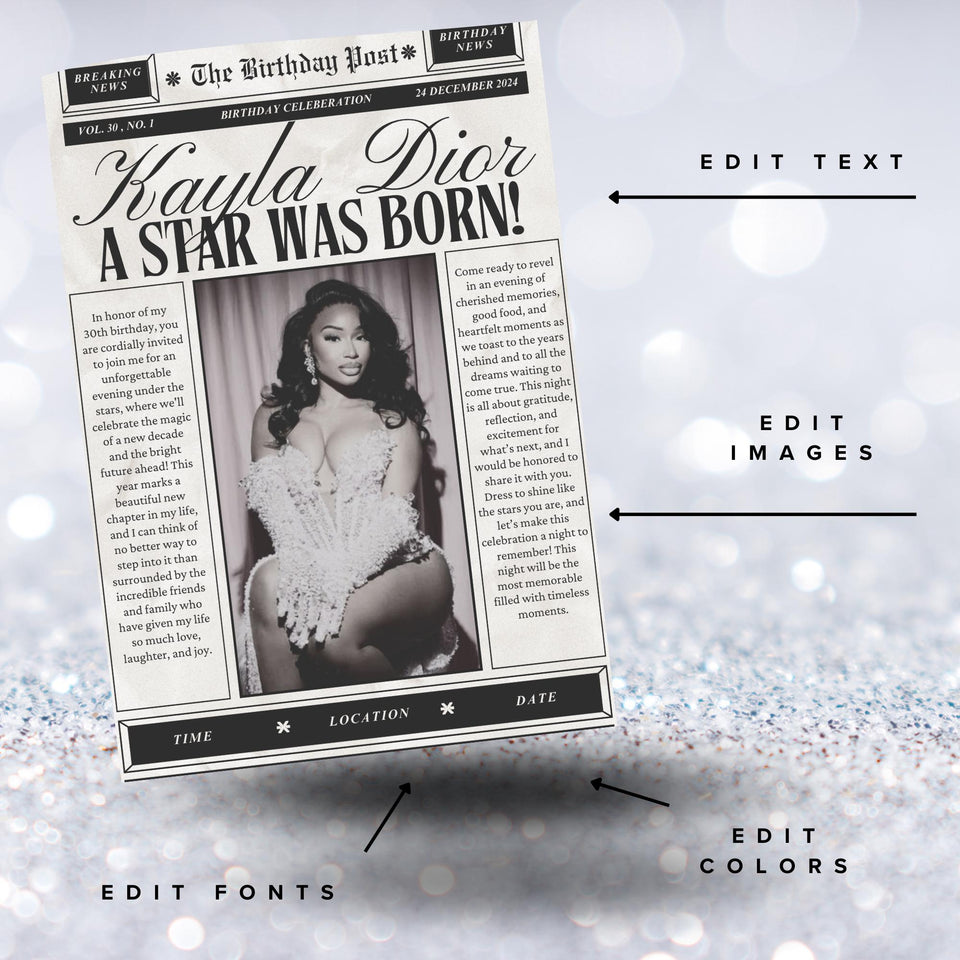 Birthday Newspaper Invitation, Editable Newspaper Birthday Invitation, Birthday Newspaper, Large Newspaper Canva Template, Newspaper Print