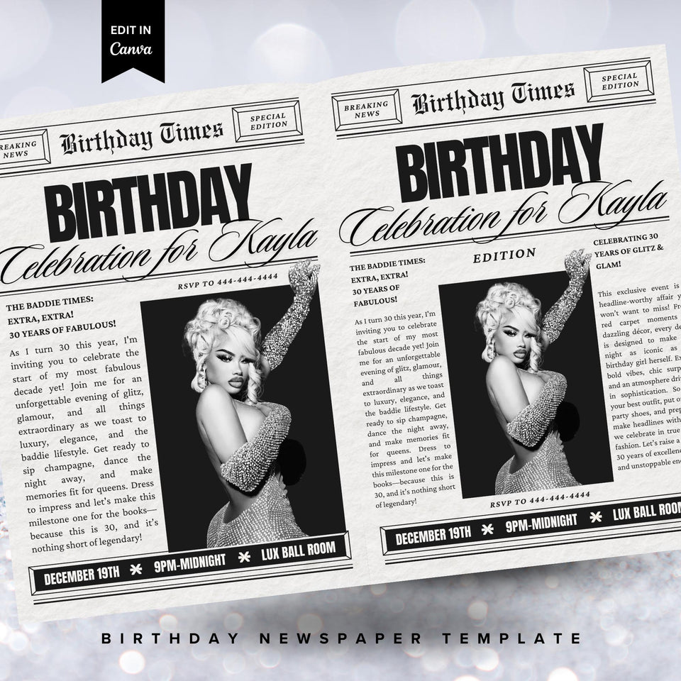 Birthday Newspaper Invitation, Editable Newspaper Birthday Invitation, Birthday Newspaper, Large Newspaper Canva Template, Newspaper Print