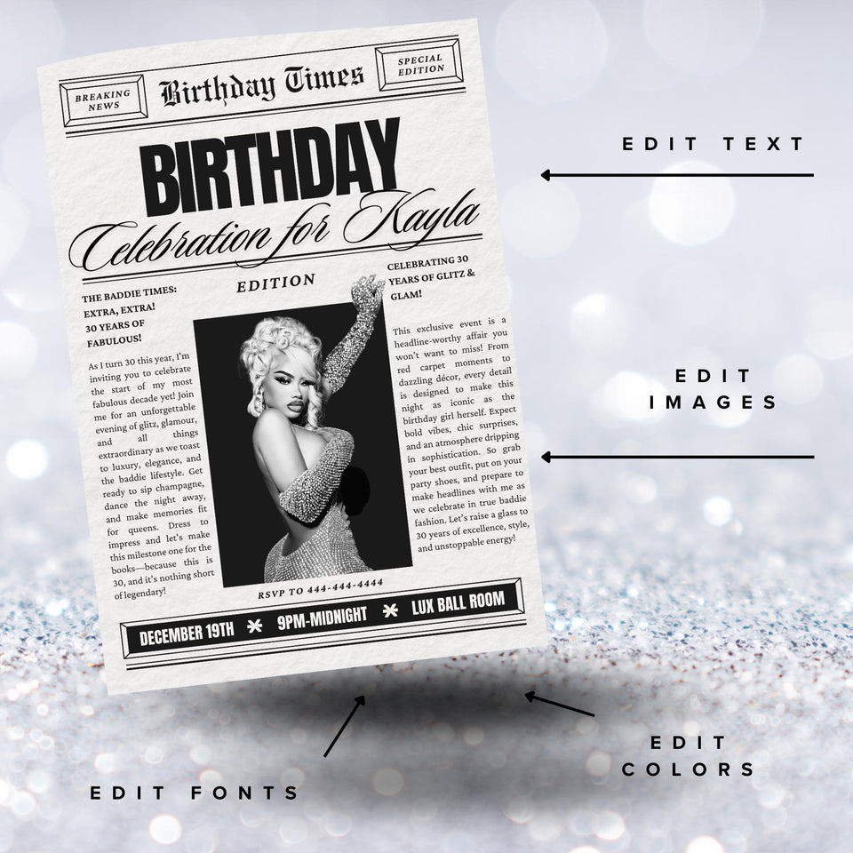 Birthday Newspaper Invitation, Editable Newspaper Birthday Invitation, Birthday Newspaper, Large Newspaper Canva Template, Newspaper Print