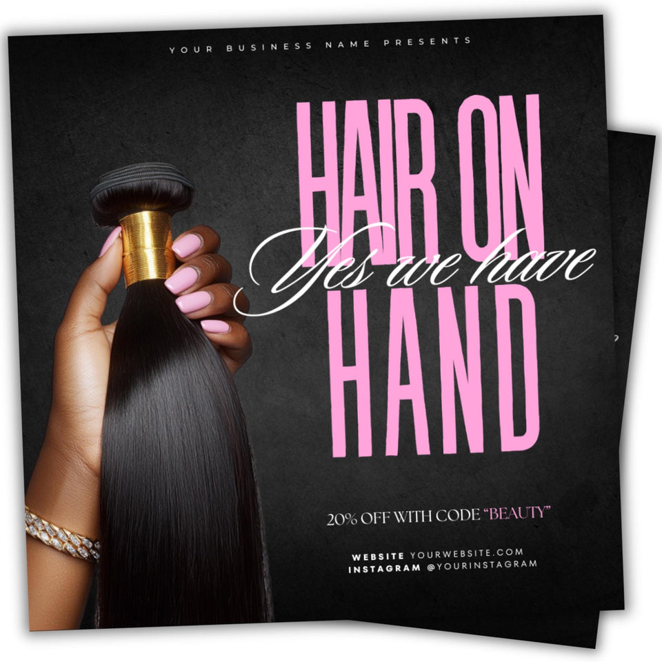 Hair-on-Hand Flyer Template | Hair Flyer | Beauty Flyer| Canva template | 1080x1080 PX |Hair Promotion Flyer for Salons & Stylists |