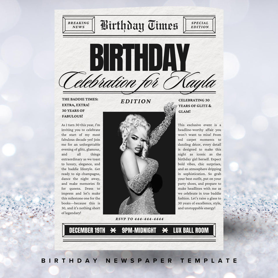 Birthday Newspaper Invitation, Editable Newspaper Birthday Invitation, Birthday Newspaper, Large Newspaper Canva Template, Newspaper Print
