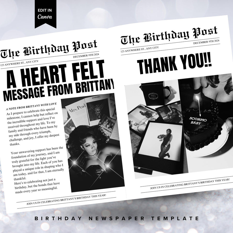 Birthday Newspaper Invitation, Editable Newspaper Birthday Invitation, Birthday Newspaper, Large Newspaper Canva Template, Newspaper