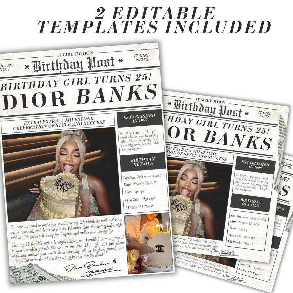 Birthday Newspaper Invitation | Social Media Birthday Post | Instagram Post | Party Invite | 25th Birthday| Birthday Invite | Newspaper