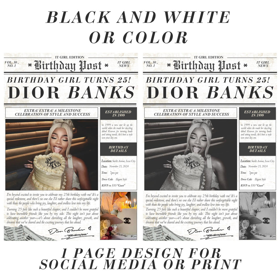 Birthday Newspaper Invitation | Social Media Birthday Post | Instagram Post | Party Invite | 25th Birthday| Birthday Invite | Newspaper