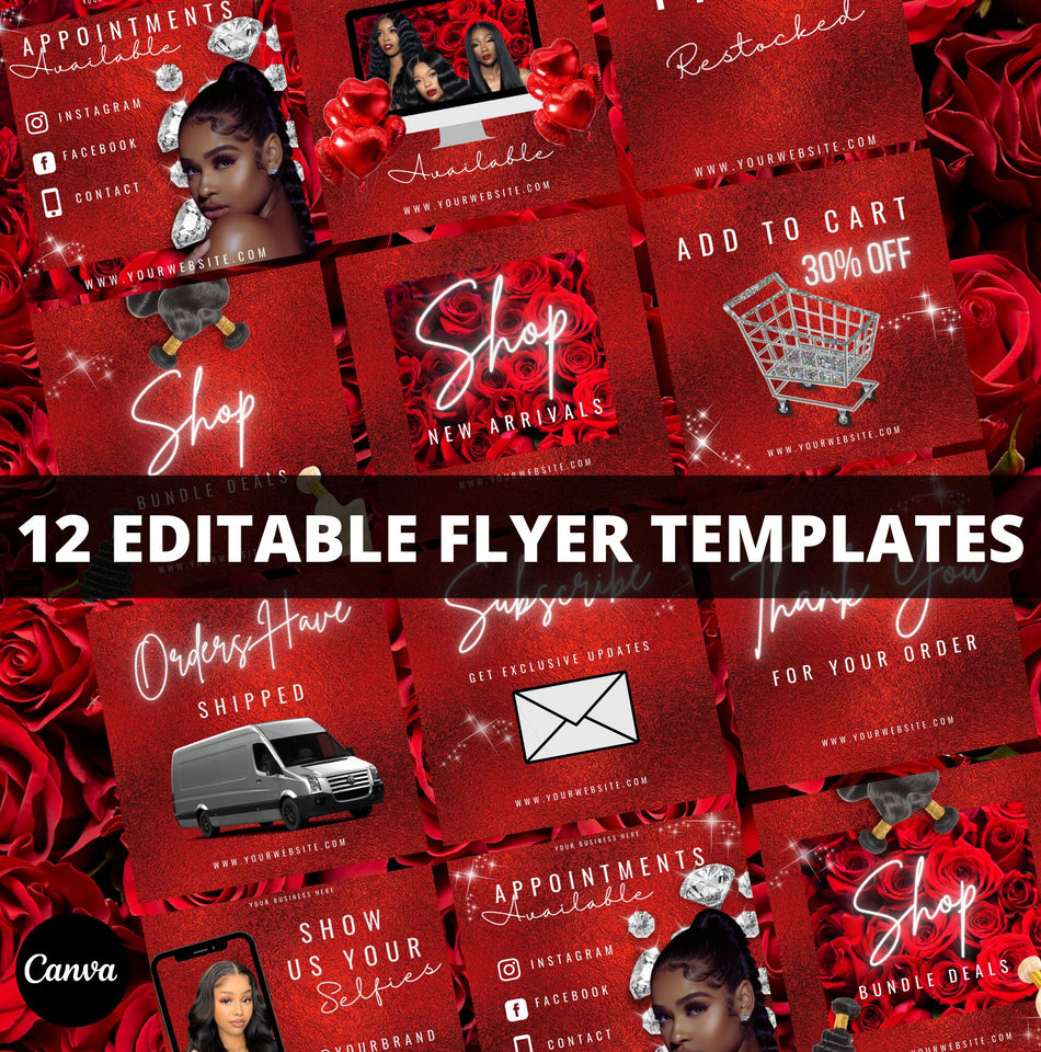 12 Flyer Templates, Editable Flyer Template, DIY, Valentines Day, Hair Flyers, Beauty Flyer, Booking Flyer, Restock Flyer, Bundle Flyers