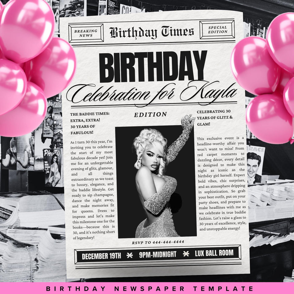 Birthday Newspaper Invitation, Editable Newspaper Birthday Invitation, Birthday Newspaper, Large Newspaper Canva Template, Newspaper Print