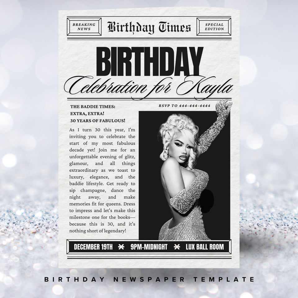Birthday Newspaper Invitation, Editable Newspaper Birthday Invitation, Birthday Newspaper, Large Newspaper Canva Template, Newspaper Print