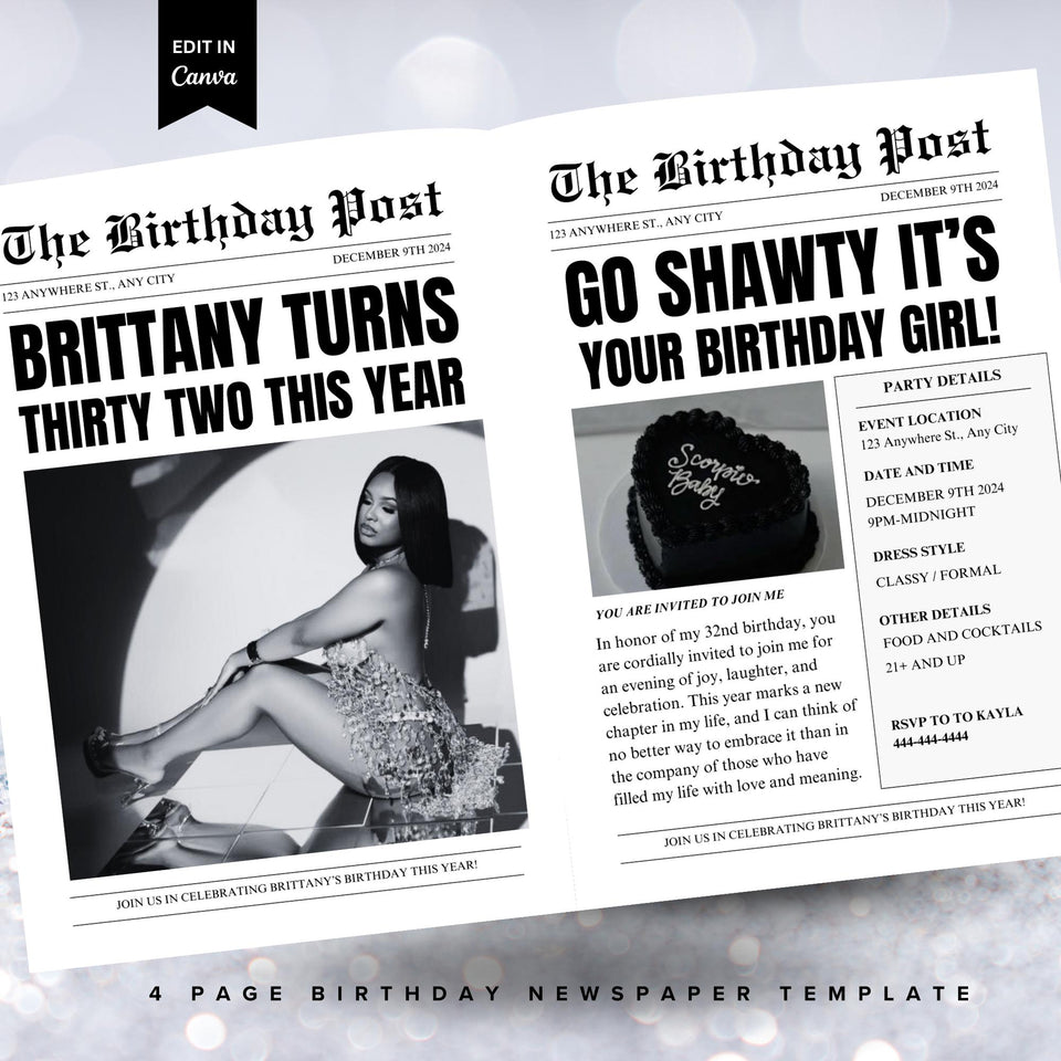 Birthday Newspaper Invitation, Editable Newspaper Birthday Invitation, Birthday Newspaper, Large Newspaper Canva Template, Newspaper