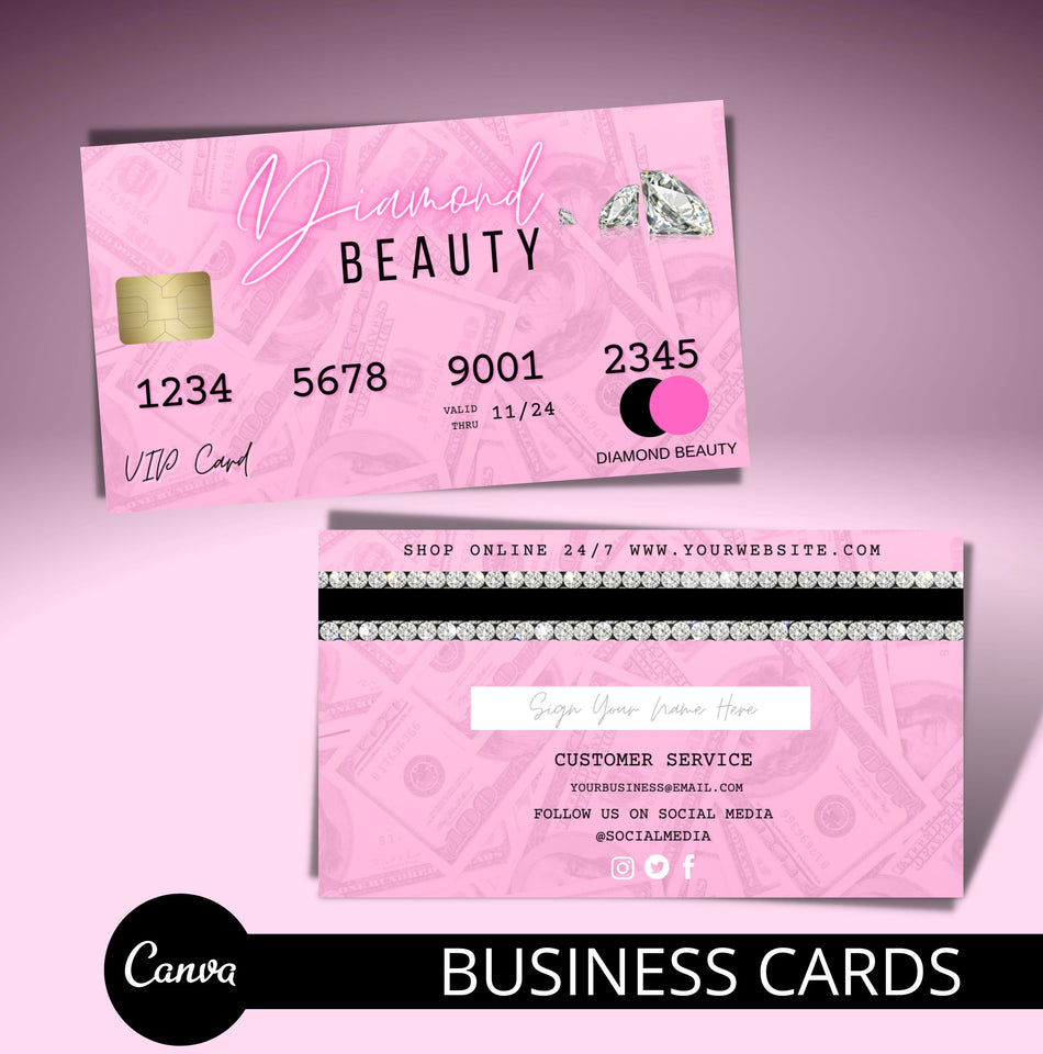 Business Card Template, Credit Card Styled Business Card, PVC Cards , money business card, Canva Template, DIY, Pink Business Card