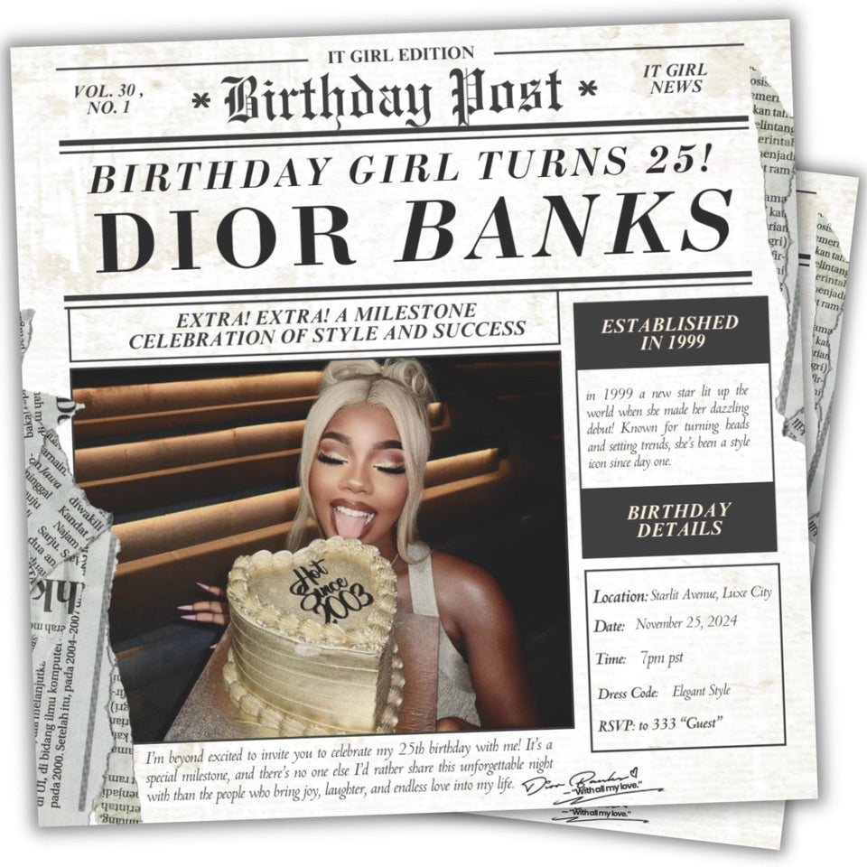 Birthday Newspaper Invitation | Social Media Birthday Post | Instagram Post | Party Invite | 25th Birthday| Birthday Invite | Newspaper